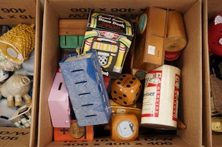 Three boxes of mixed, china wooden and metal novelty money boxes mostly from the 1960’s and later. Condition - variable